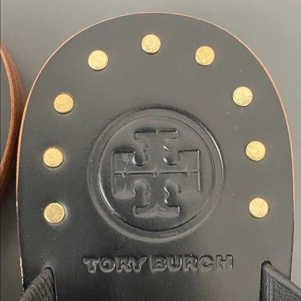 Tory Burch Black Leather Toe-Ring Slide Sandals Gold Hardware Sz 5.5 Chic NWOB